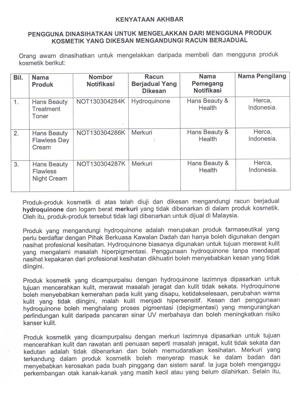 Kenyataan Akhbar Produk Kosmetik Beracun Berjadual HansBeauty p2